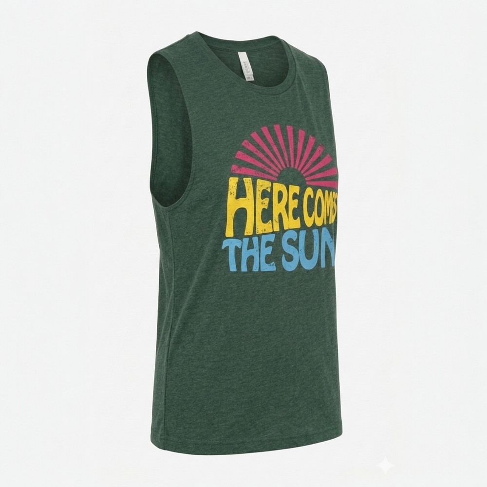 Vintage Boho 'Here Comes the Sun' Distressed Tank Top - Forest Green - Picture 2 of 4